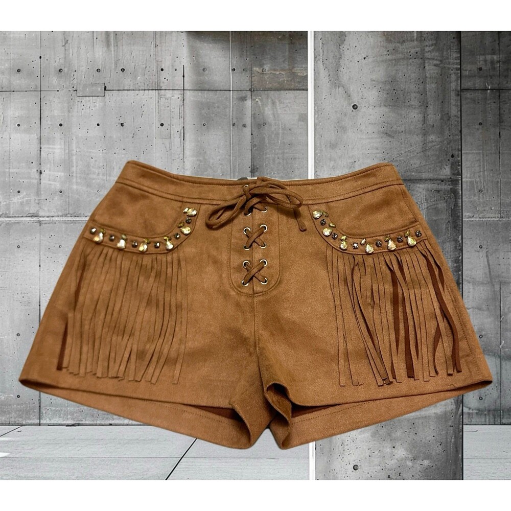 Steve Madden Brown Fringe Suede-Look Lace-Up Shorts S - Picture 2 of 11
